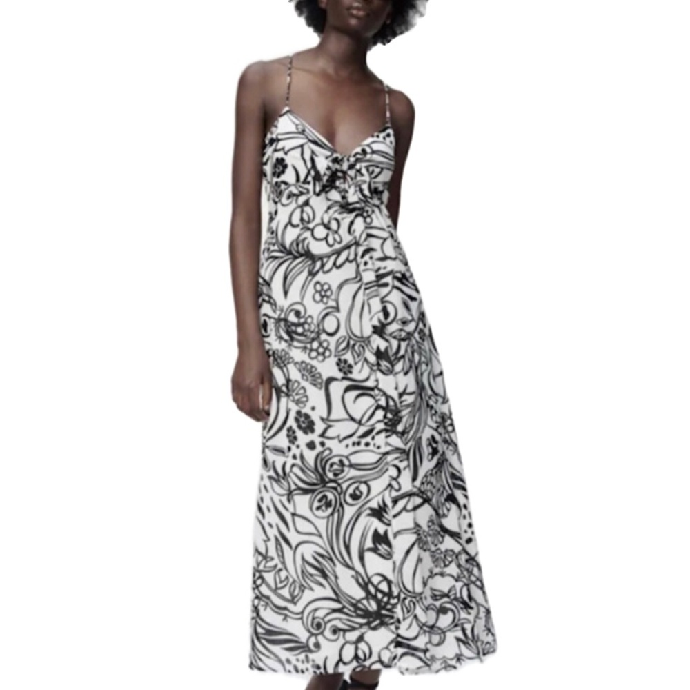 NWOT. Zara Black and White Abstract Print Front Tie Knot Maxi Dress. Size M